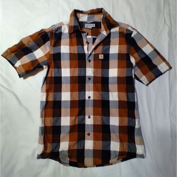 CARHARRT SIZE SMALL BROWN NAVY PLAID RELAXED FIT BUTTON DOWN SHORT SLEEVE SHIRT - Picture 1 of 6